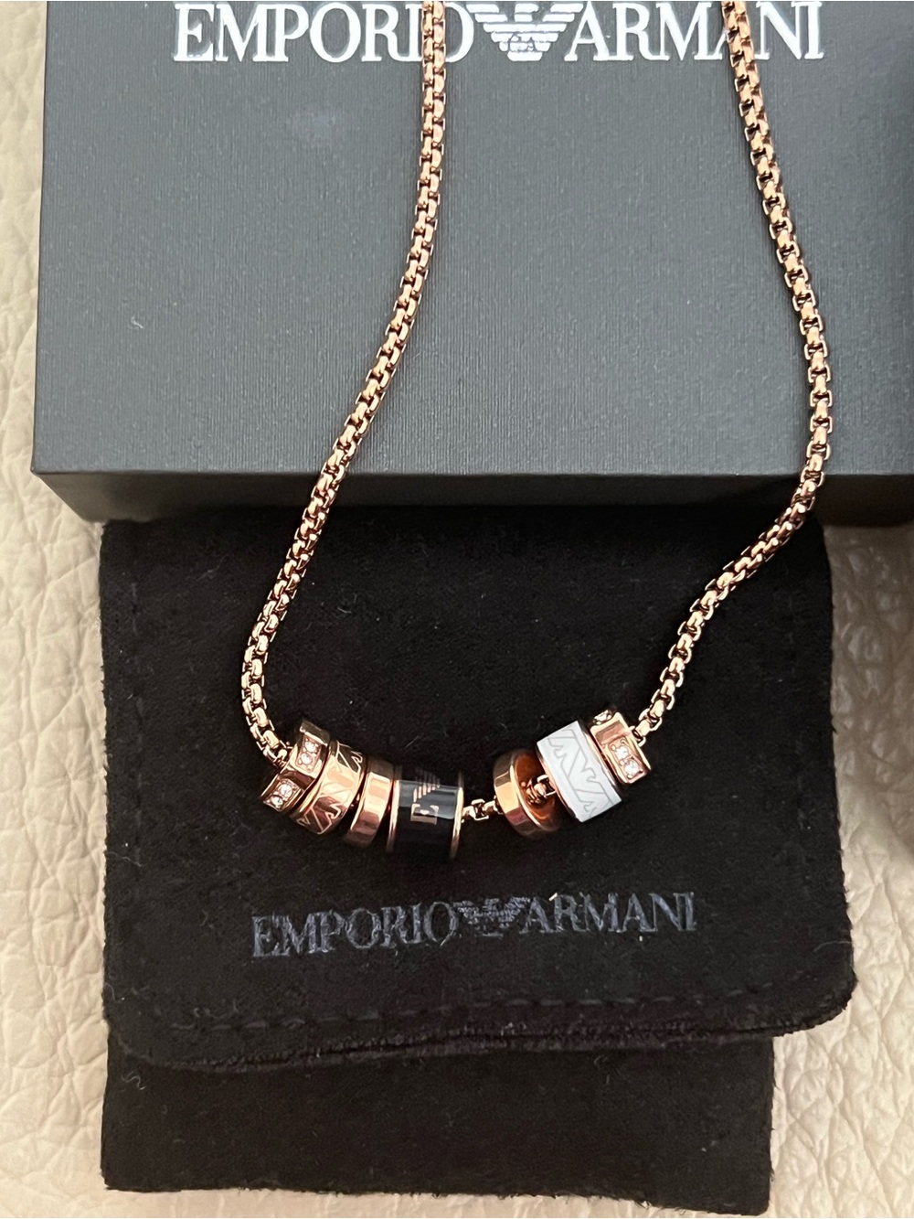 Emporio Armani Rose Gold Necklace with Black and White Glass Charms